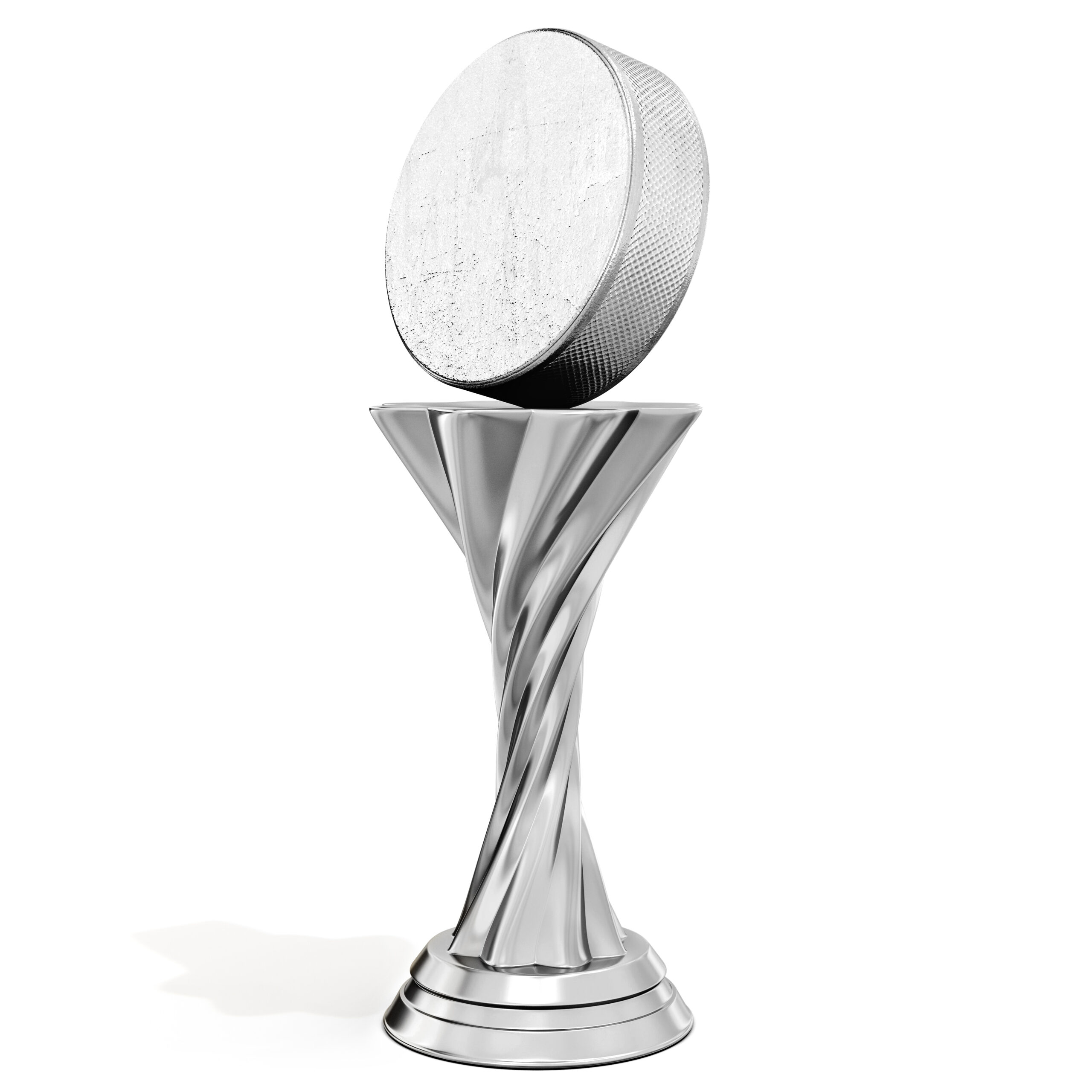 silver trophy with hockey puck on white background 3D illustration