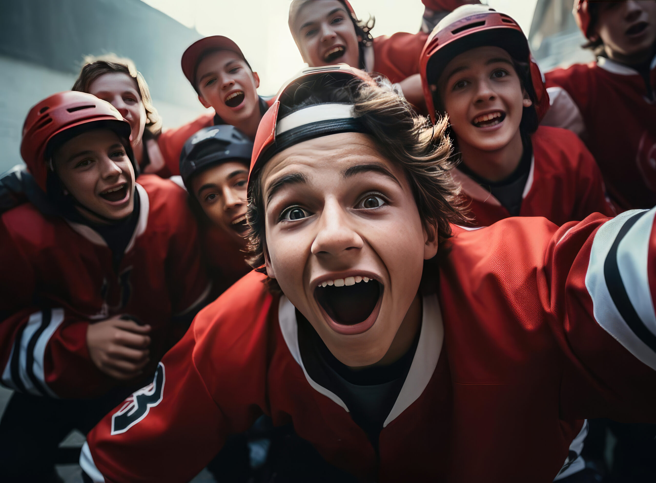 A group of teenagers in hockey uniforms look at the camera