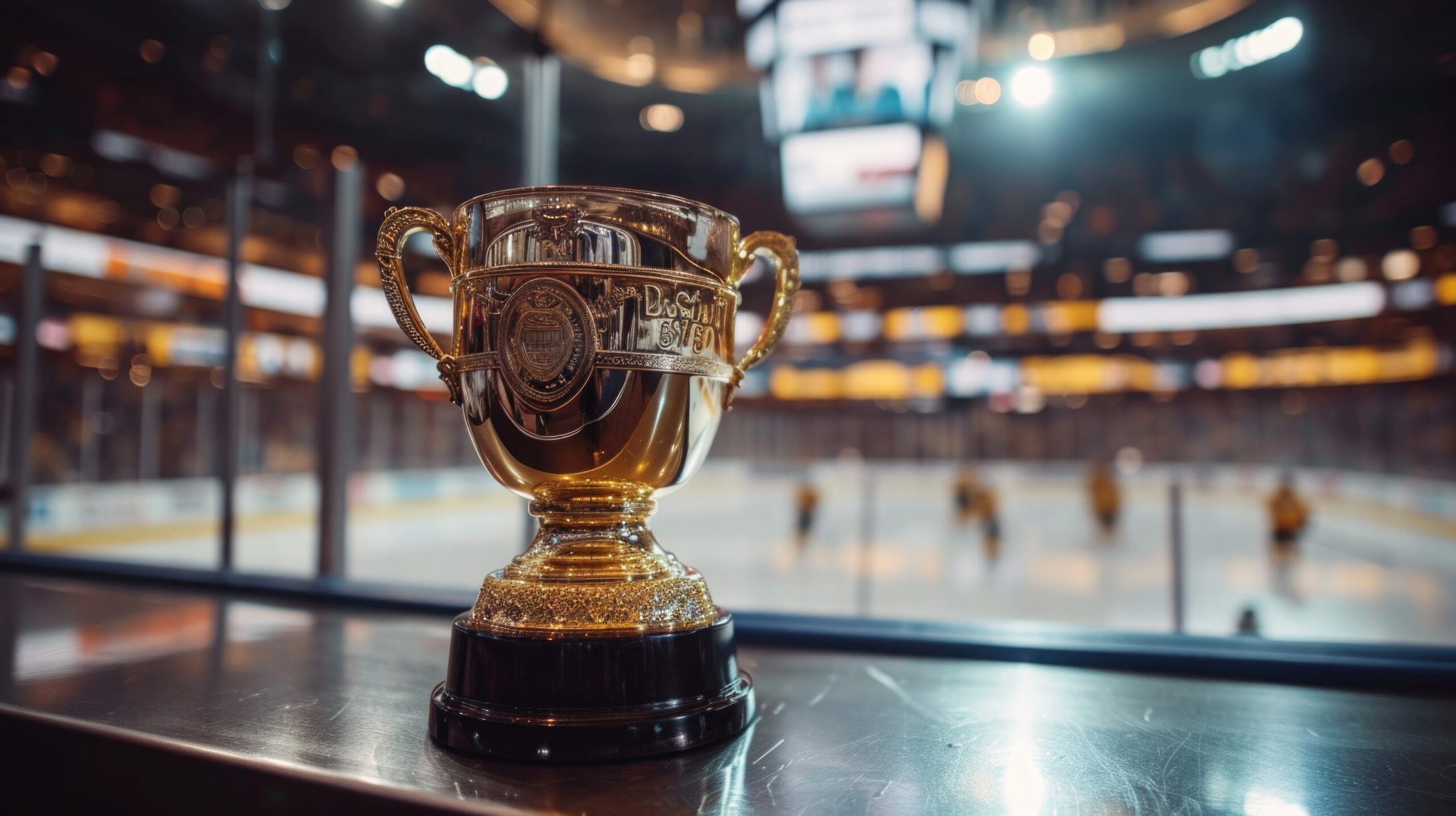 Shiny gold trophy displayed prominently on a well-lit ice hockey rin