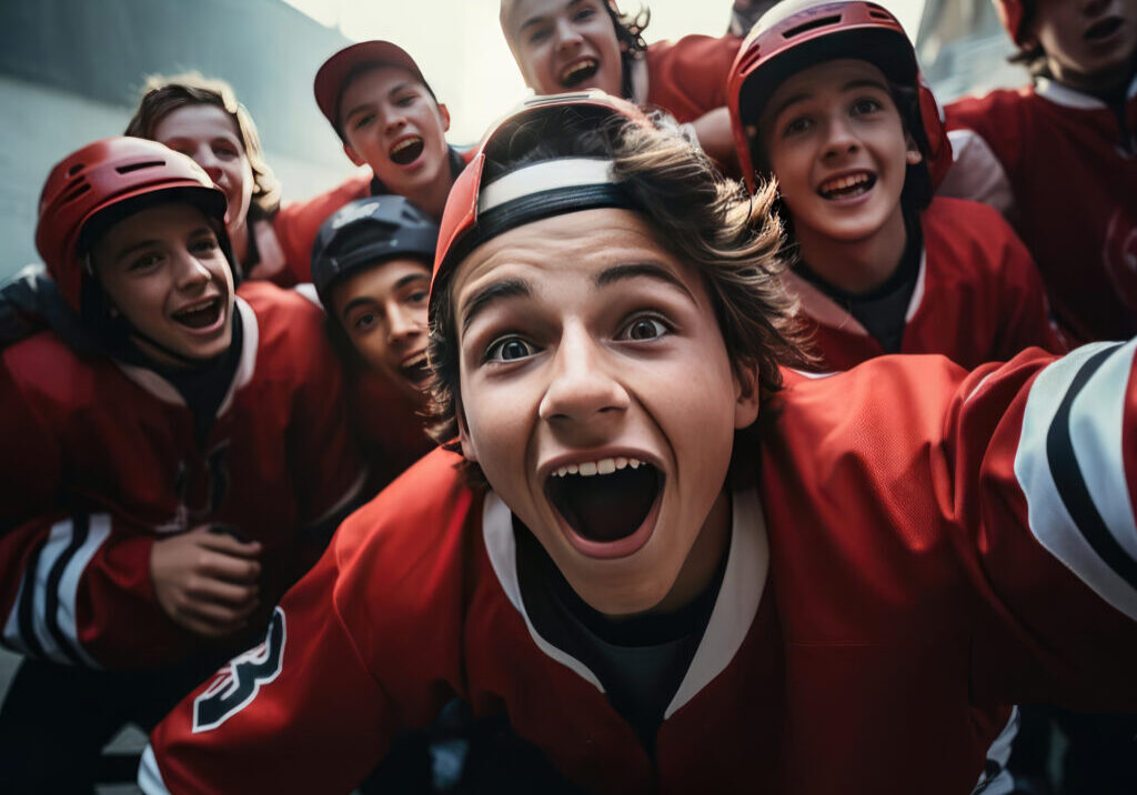A group of teenagers in hockey uniforms look at the camera